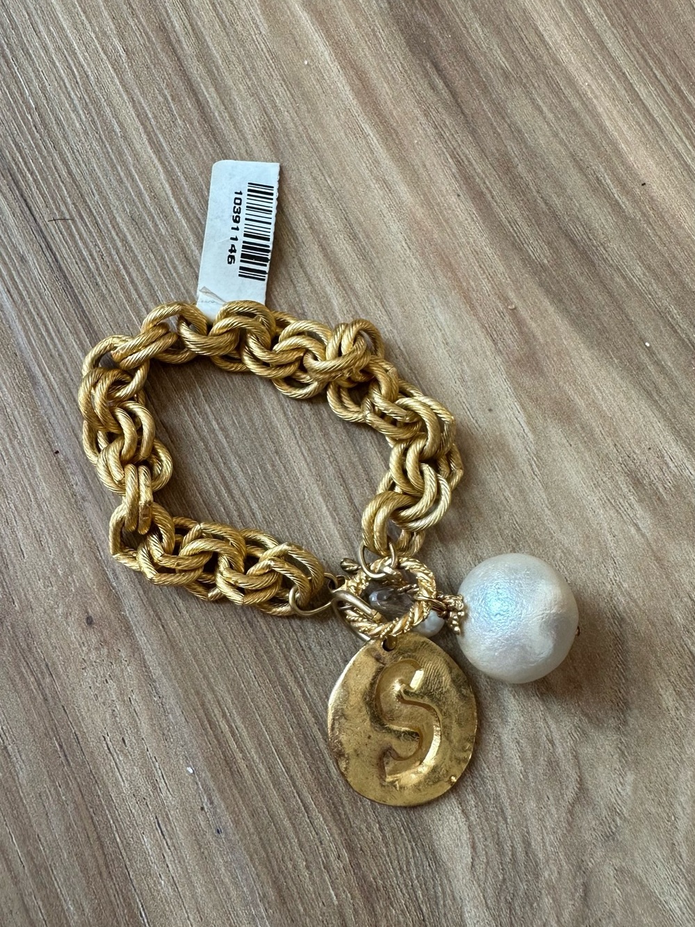 Gold Link Charm Bracelet with Pearl and S Medallion